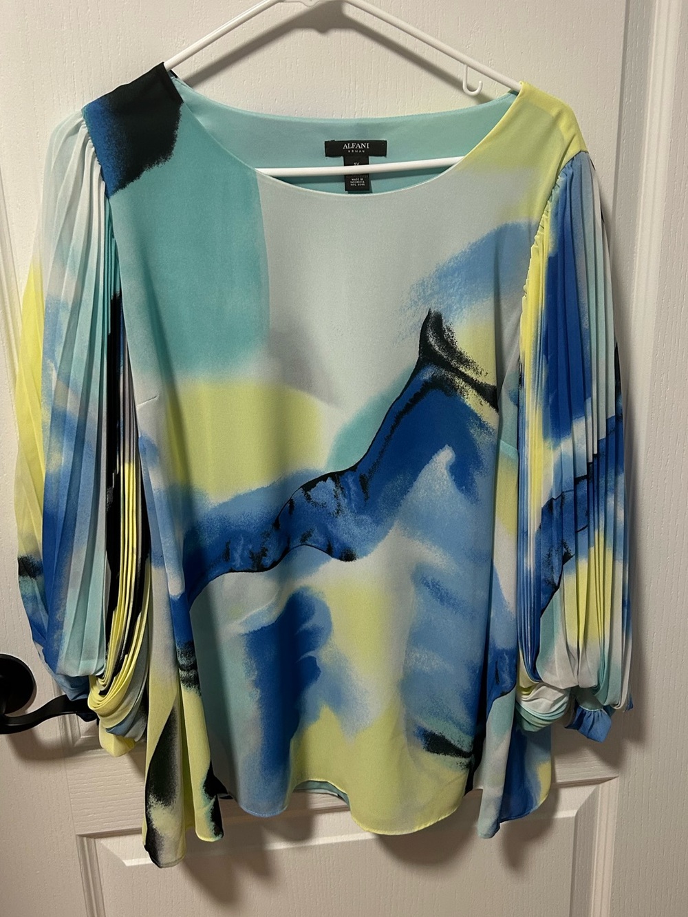 Alfani Blue Yellow Abstract Pleated-Sleeve Blouse